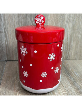 Teleflora Gift Christmas Snowman Snowflake Red Ceramic Cookie Jar Canister Lid